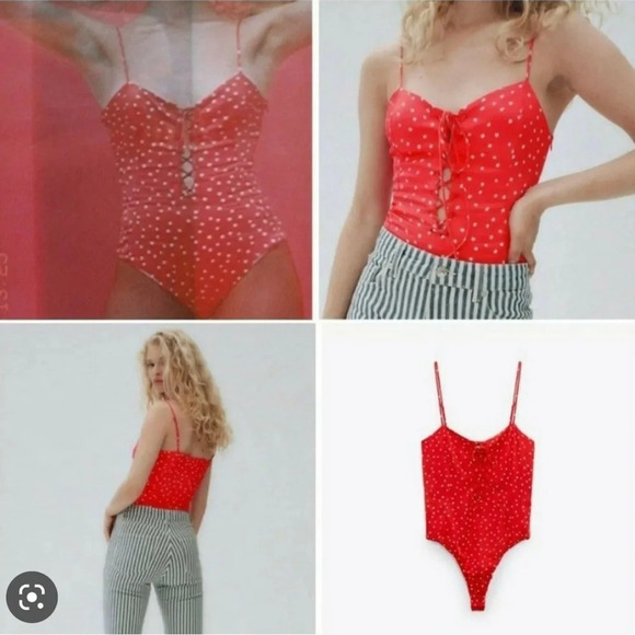 NWOT ZARA Red Satin Laced V-NECK Viscose Blend Stars Print BODYSUIT SIZE Large - Picture 2 of 8